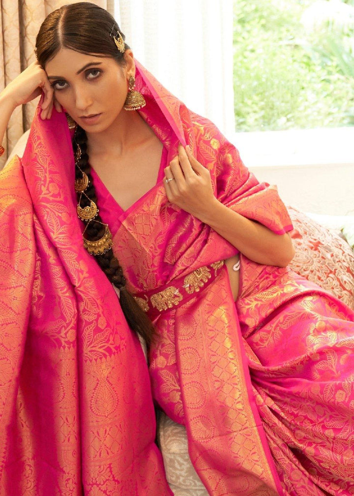 Hot Pink Zari Woven Kanjivaram Silk Saree with Tassels on Pallu | Stitched Blouse - qivii