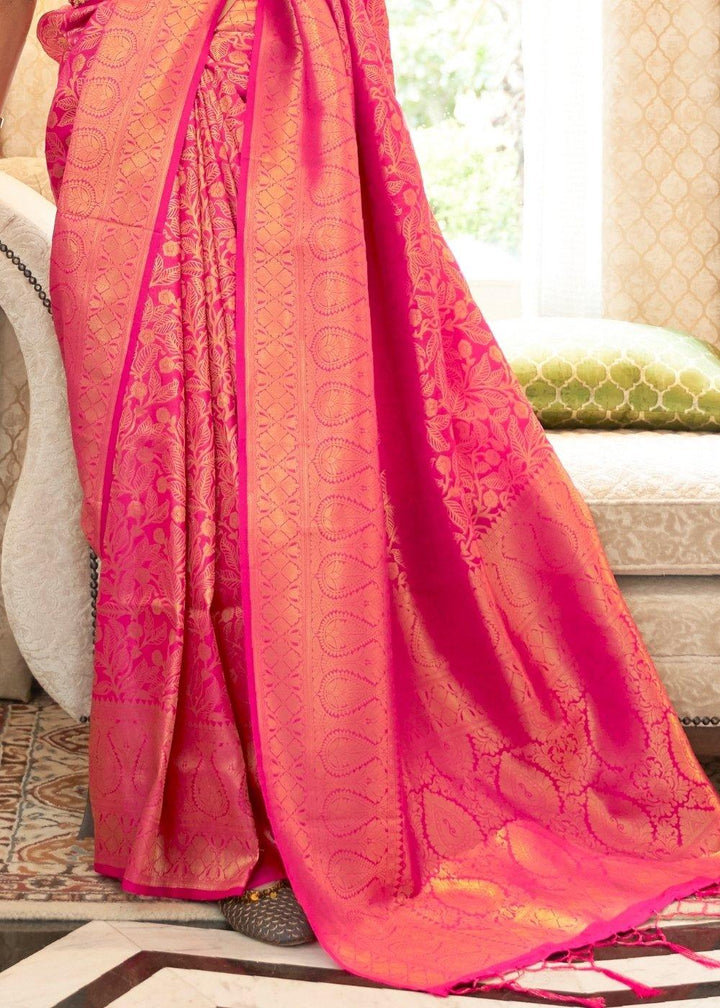 Hot Pink Zari Woven Kanjivaram Silk Saree with Tassels on Pallu | Stitched Blouse - qivii