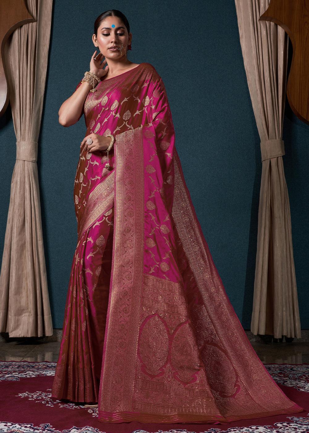 Hot Pink Zari Woven Satin Silk Saree - qivii