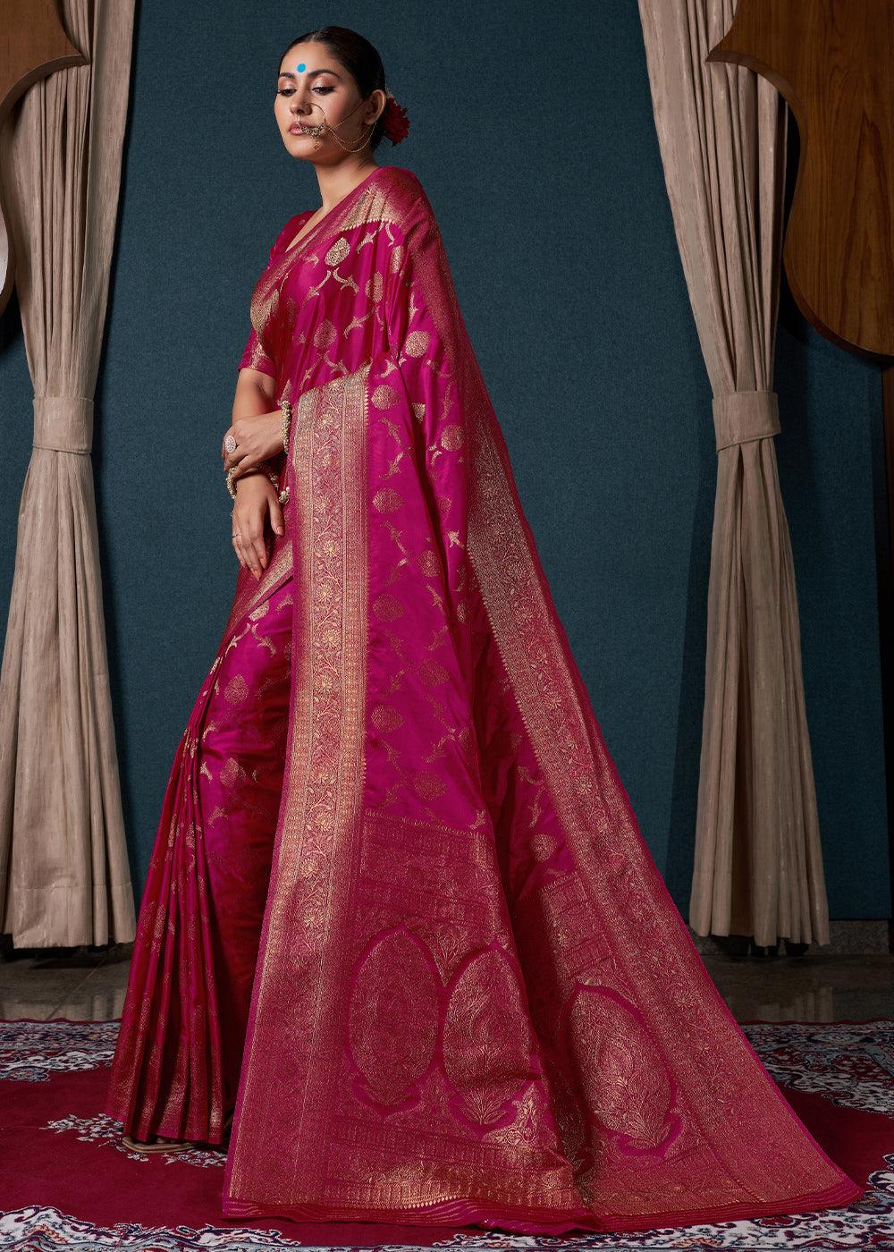 Hot Pink Zari Woven Satin Silk Saree - qivii