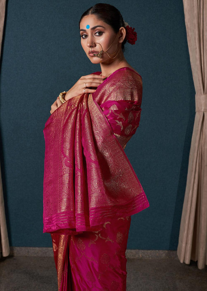 Hot Pink Zari Woven Satin Silk Saree - qivii