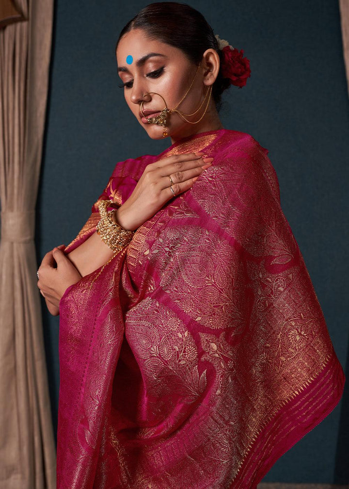 Hot Pink Zari Woven Satin Silk Saree - qivii