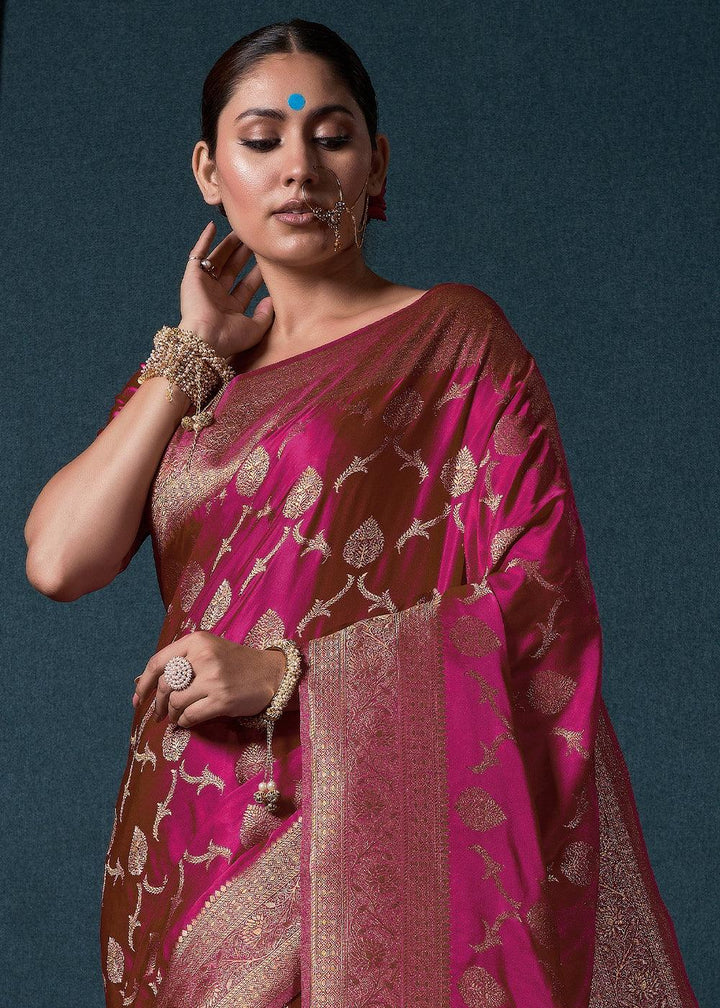 Hot Pink Zari Woven Satin Silk Saree - qivii