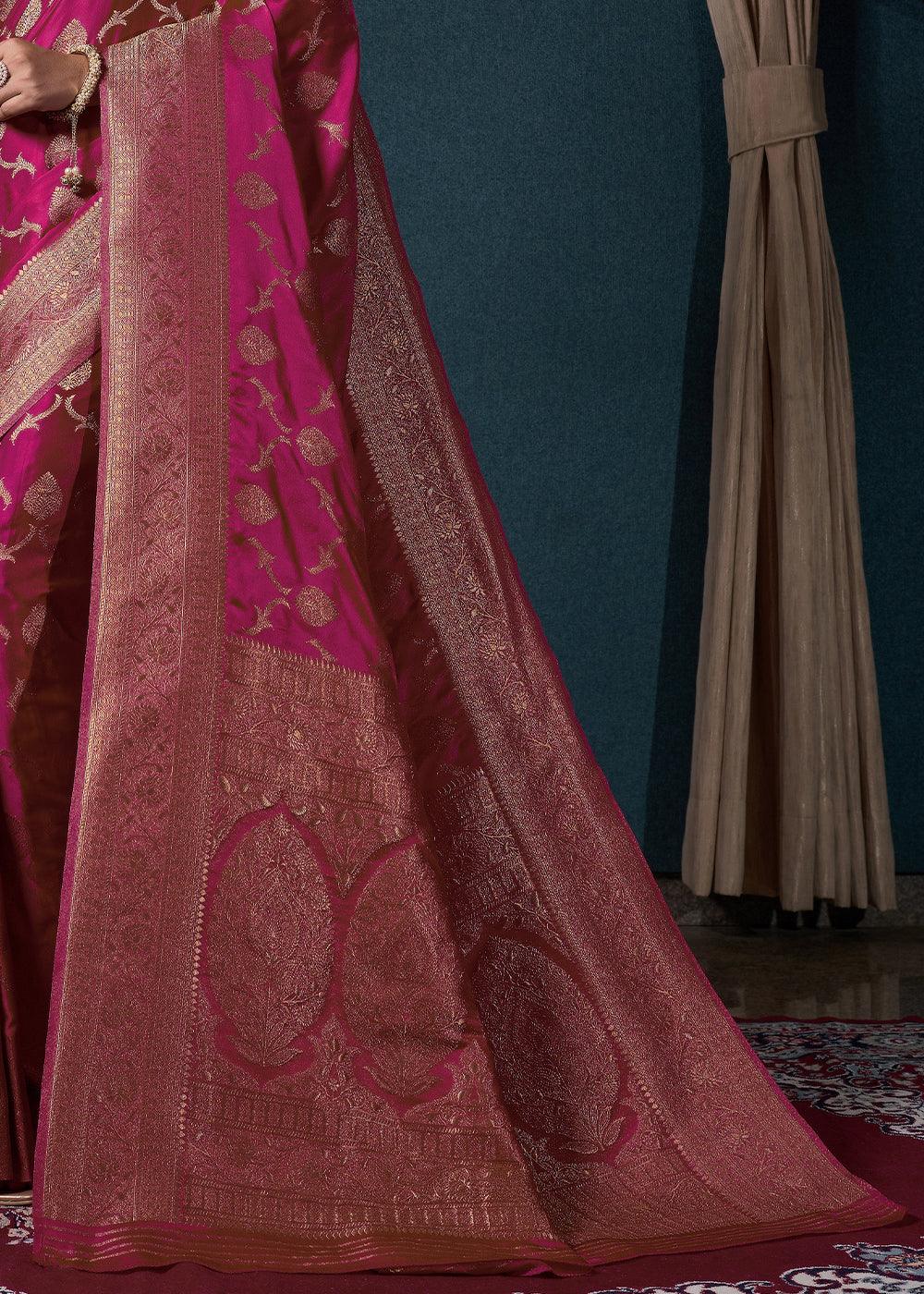 Hot Pink Zari Woven Satin Silk Saree - qivii