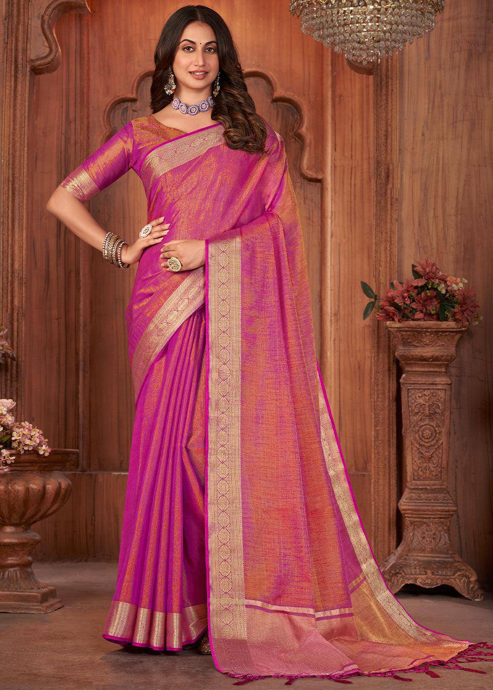 Hot Pink Zari Woven Tussar Silk Saree | Stitched Blouse - qivii