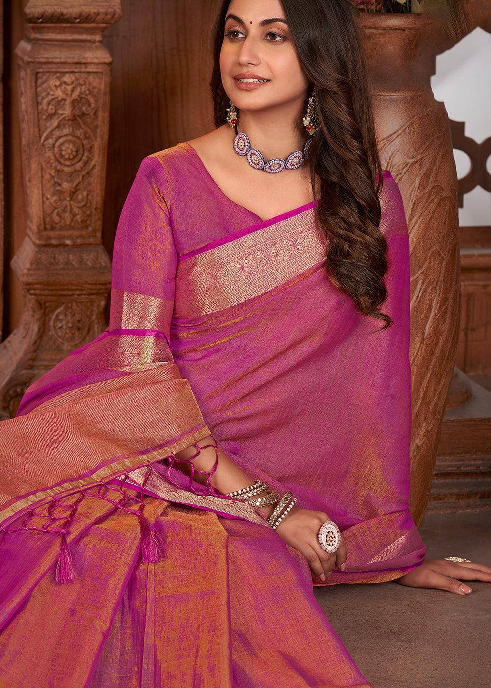 Hot Pink Zari Woven Tussar Silk Saree | Stitched Blouse - qivii