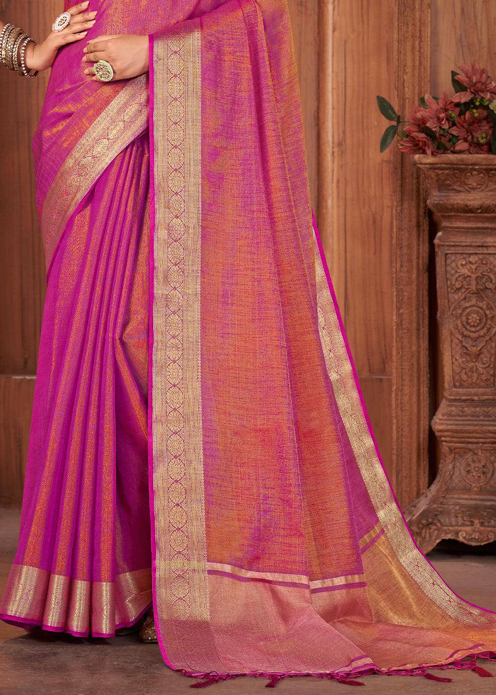 Hot Pink Zari Woven Tussar Silk Saree | Stitched Blouse - qivii