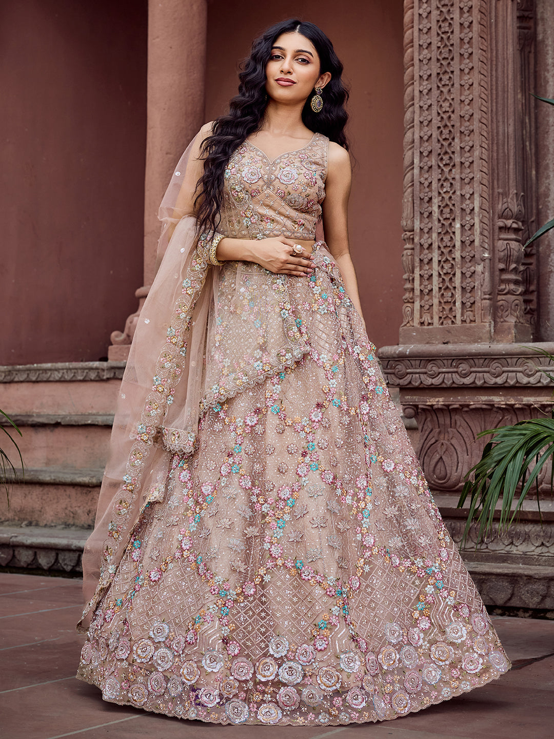 BAIGE - Net Fabric Sequins embroidery Semi-Stitched Lehenga & Unstitched Blouse With Dupatta