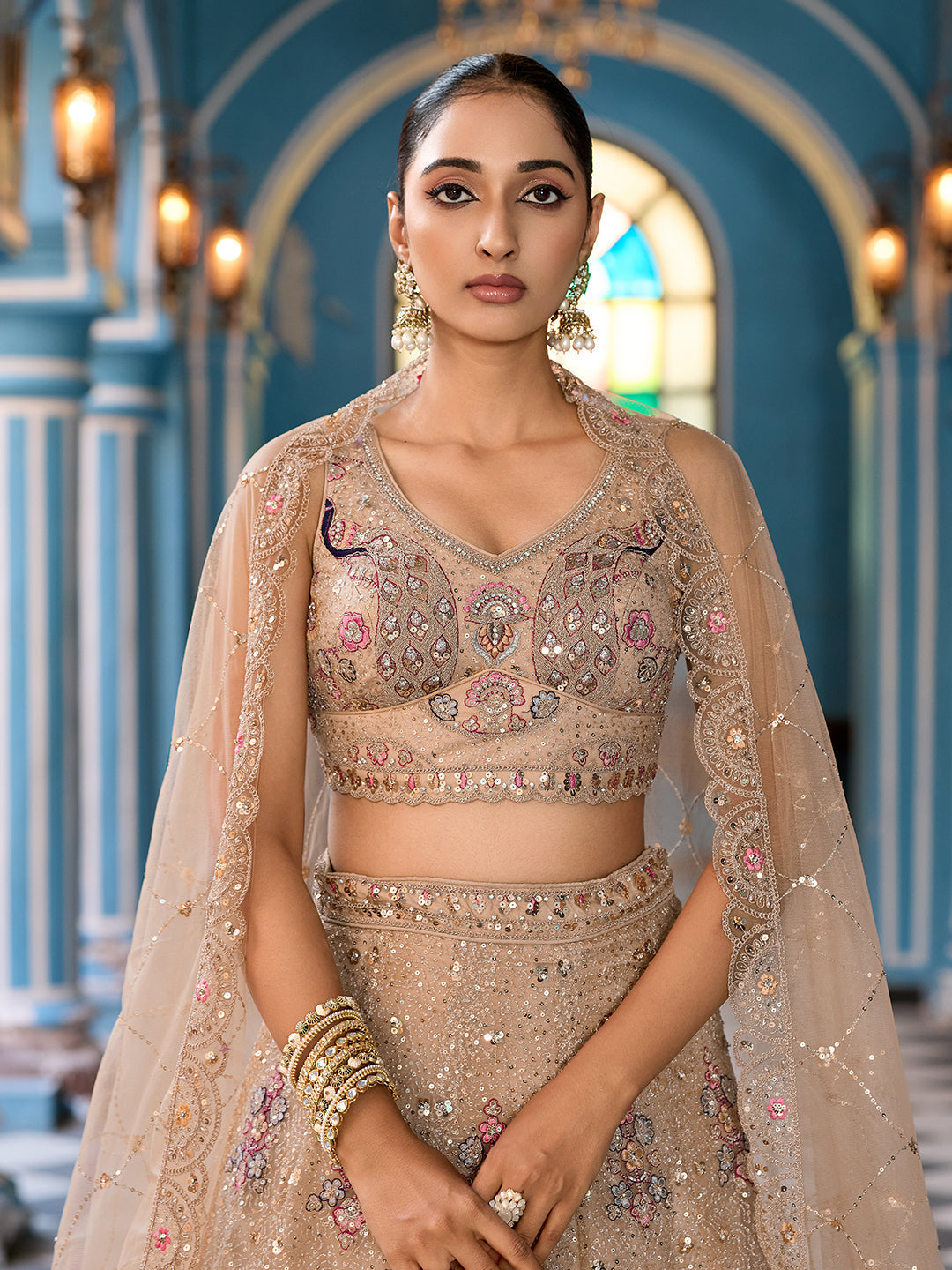 BEIGE - Net Fabric Sequins embroidery Semi-Stitched Lehenga & Unstitched Blouse With Dupatta
