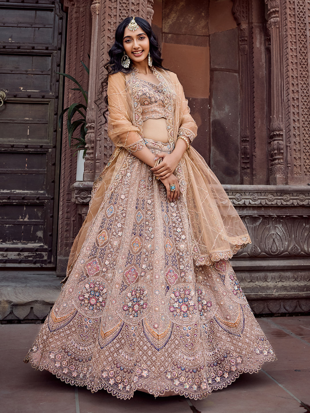 BEIGE - Net Fabric Sequins embroidery Semi-Stitched Lehenga & Unstitched Blouse With Dupatta