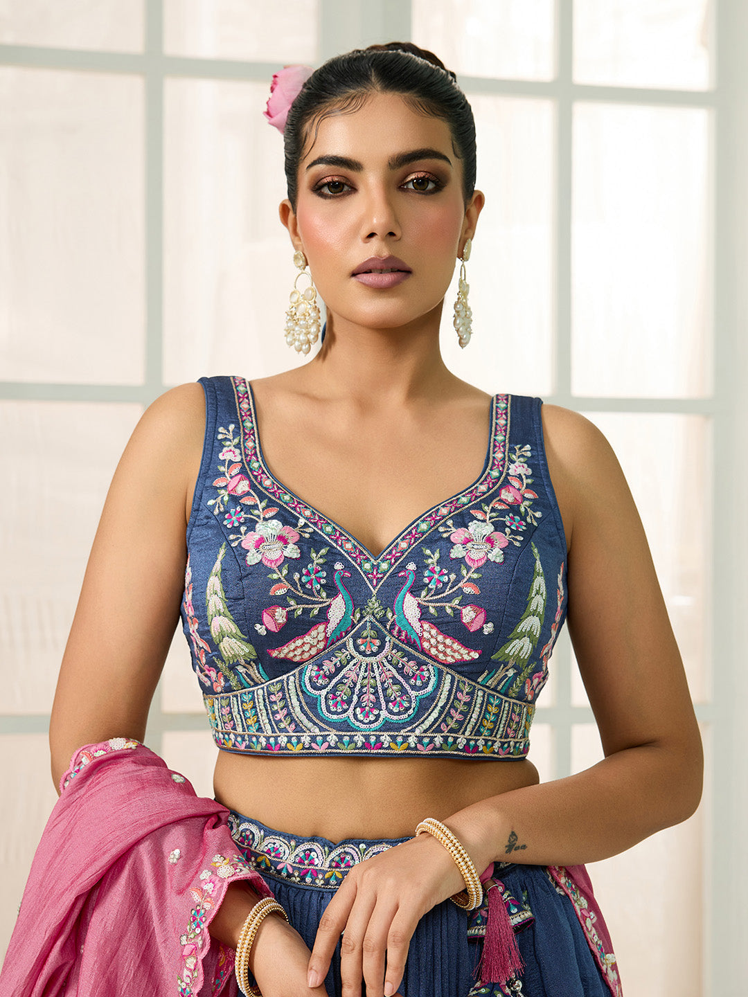 Blue- Silk Fabric Sequins embroidery Semi-Stitched Lehenga & Unstitched Blouse With Dupatta - qivii