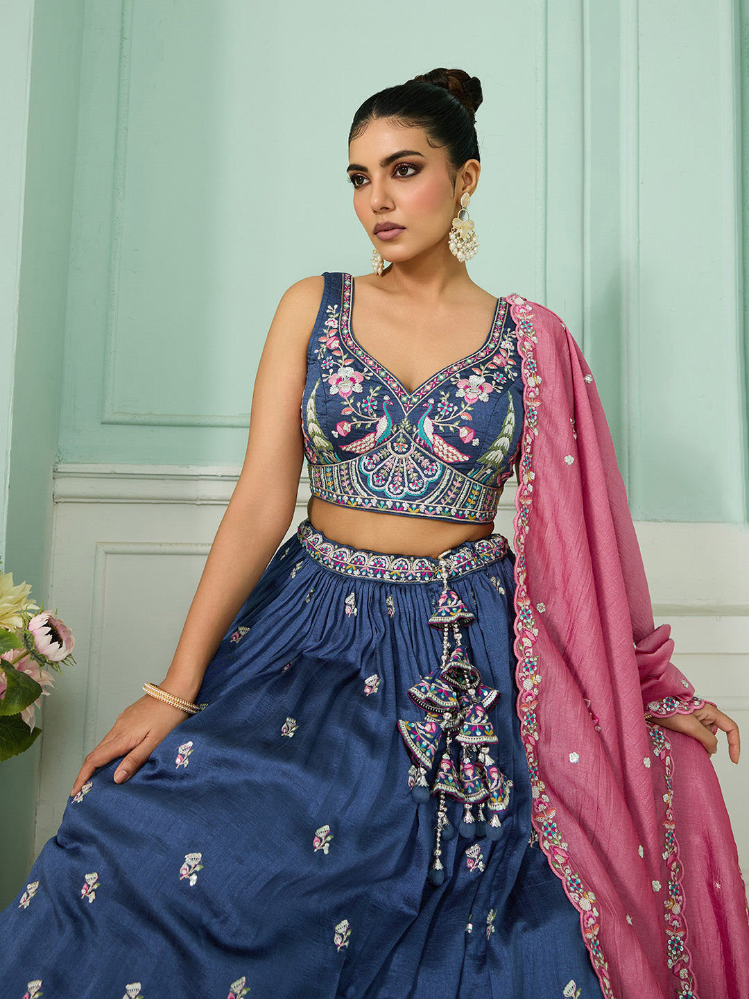 Blue- Silk Fabric Sequins embroidery Semi-Stitched Lehenga & Unstitched Blouse With Dupatta - qivii