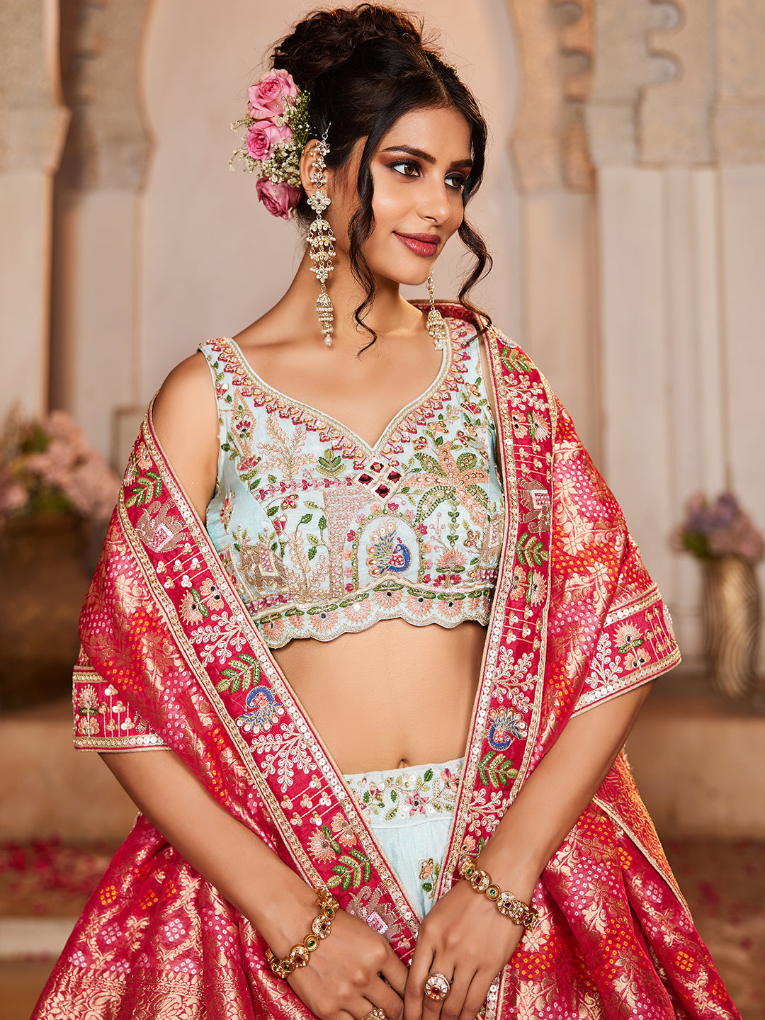 Blue - Tissue Mirror embroidery Lehenga choli & Dupatta