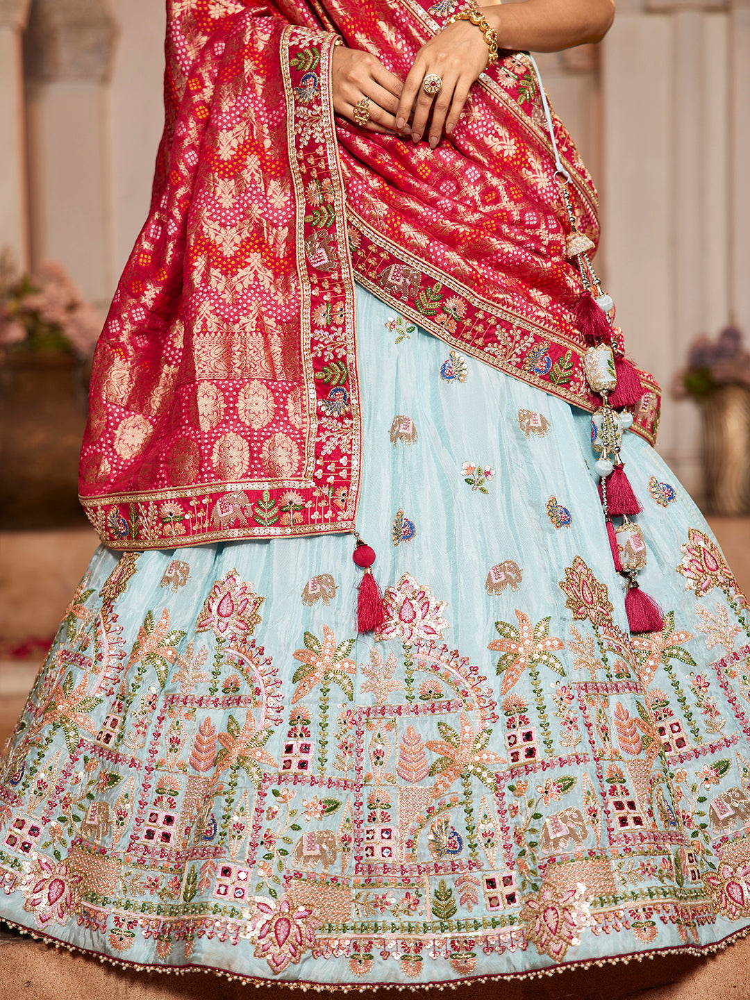 Blue - Tissue Mirror embroidery Lehenga choli & Dupatta