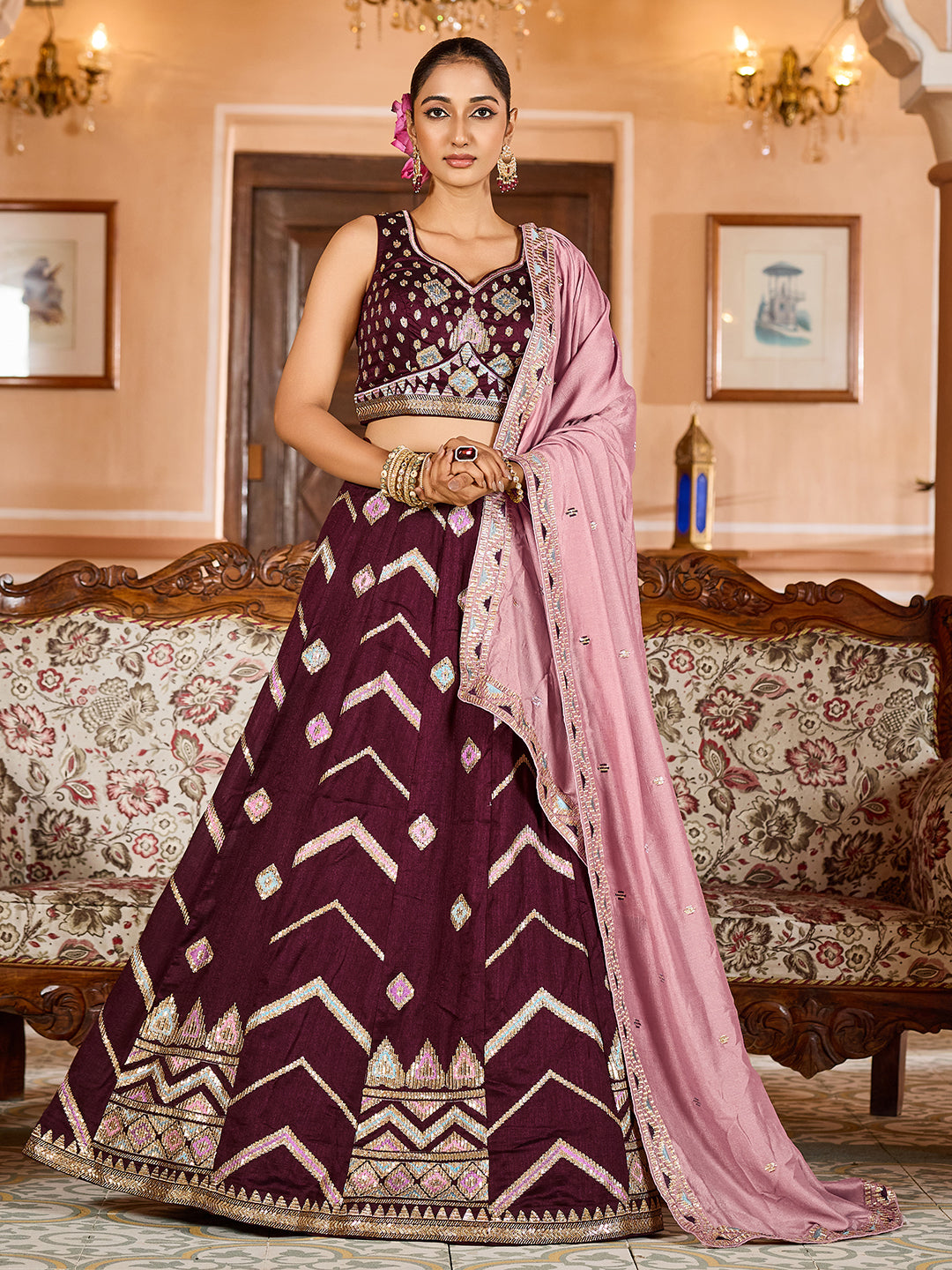 BROWN - Silk Fabric Sequins embroidery Semi-Stitched Lehenga & Unstitched Blouse With Dupatta