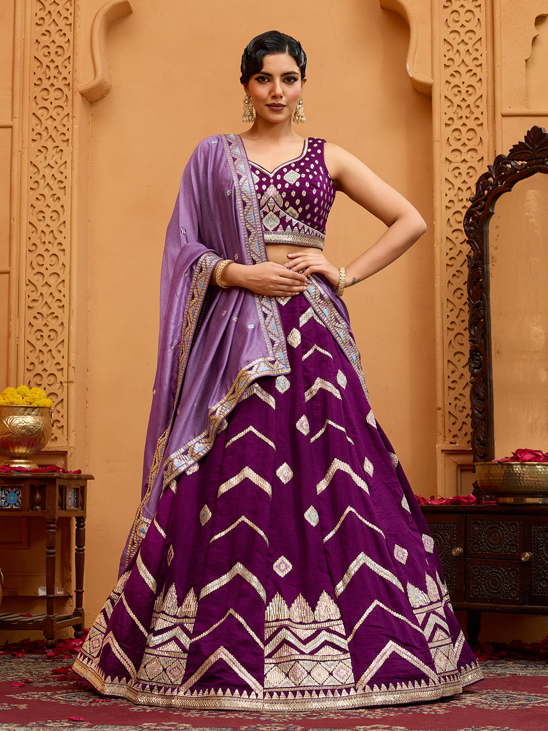 Burgundy- Silk Fabric Sequins embroidery Semi-Stitched Lehenga & Unstitched Blouse With Dupatta - qivii
