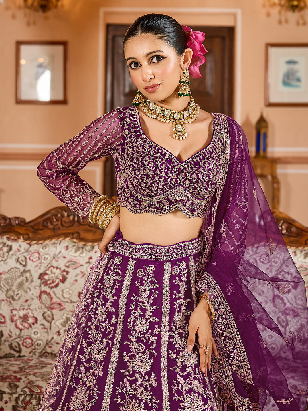 BURGUNDY - TEAL - Net Fabric Sequins embroidery Lehenga & Unstitched Blouse With Dupatta