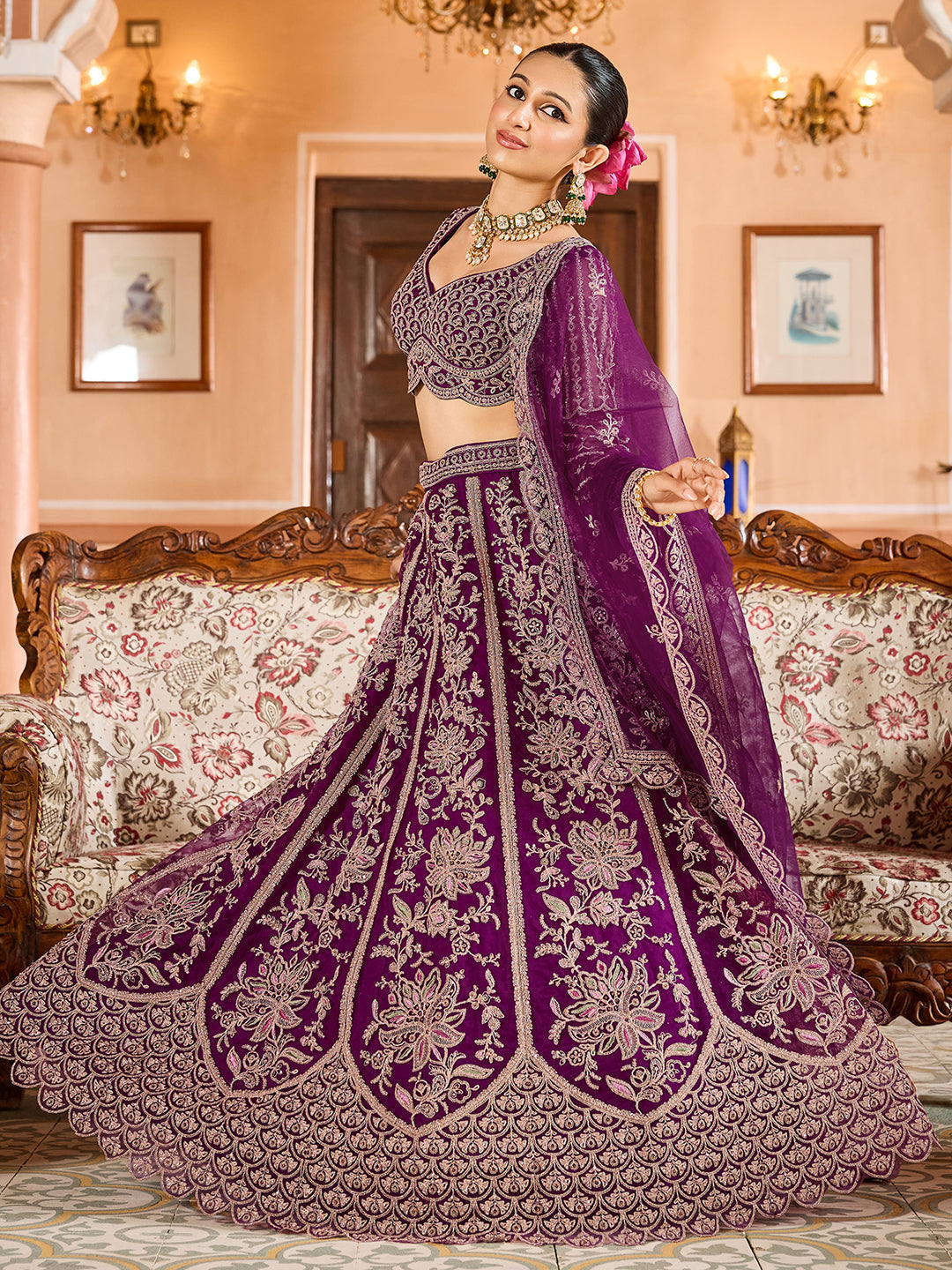 BURGUNDY - TEAL - Net Fabric Sequins embroidery Lehenga & Unstitched Blouse With Dupatta