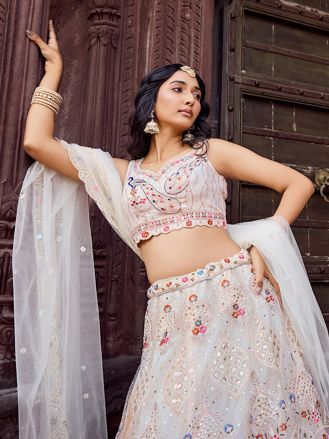 CREAM - Net Fabric Sequins embroidery Semi-Stitched Lehenga & Unstitched Blouse With Dupatta