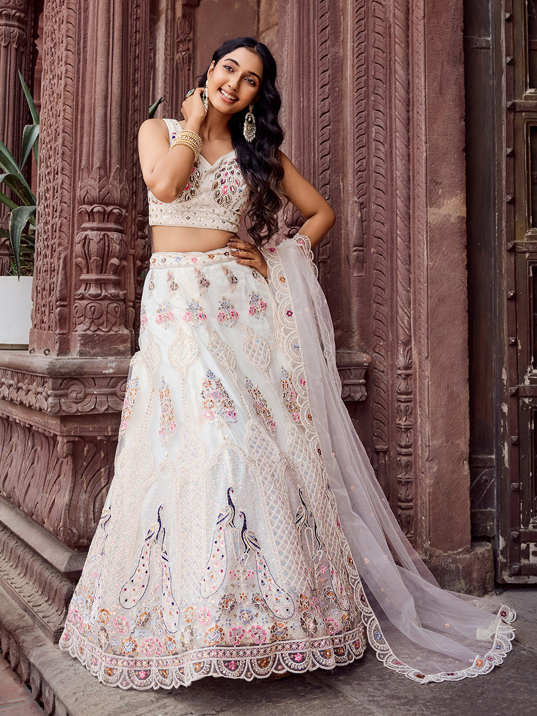 CREAM - Net Fabric Sequins embroidery Lehenga & Unstitched Blouse With Dupatta