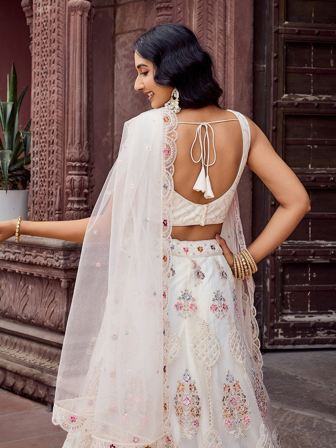 CREAM - Net Fabric Sequins embroidery Lehenga & Unstitched Blouse With Dupatta
