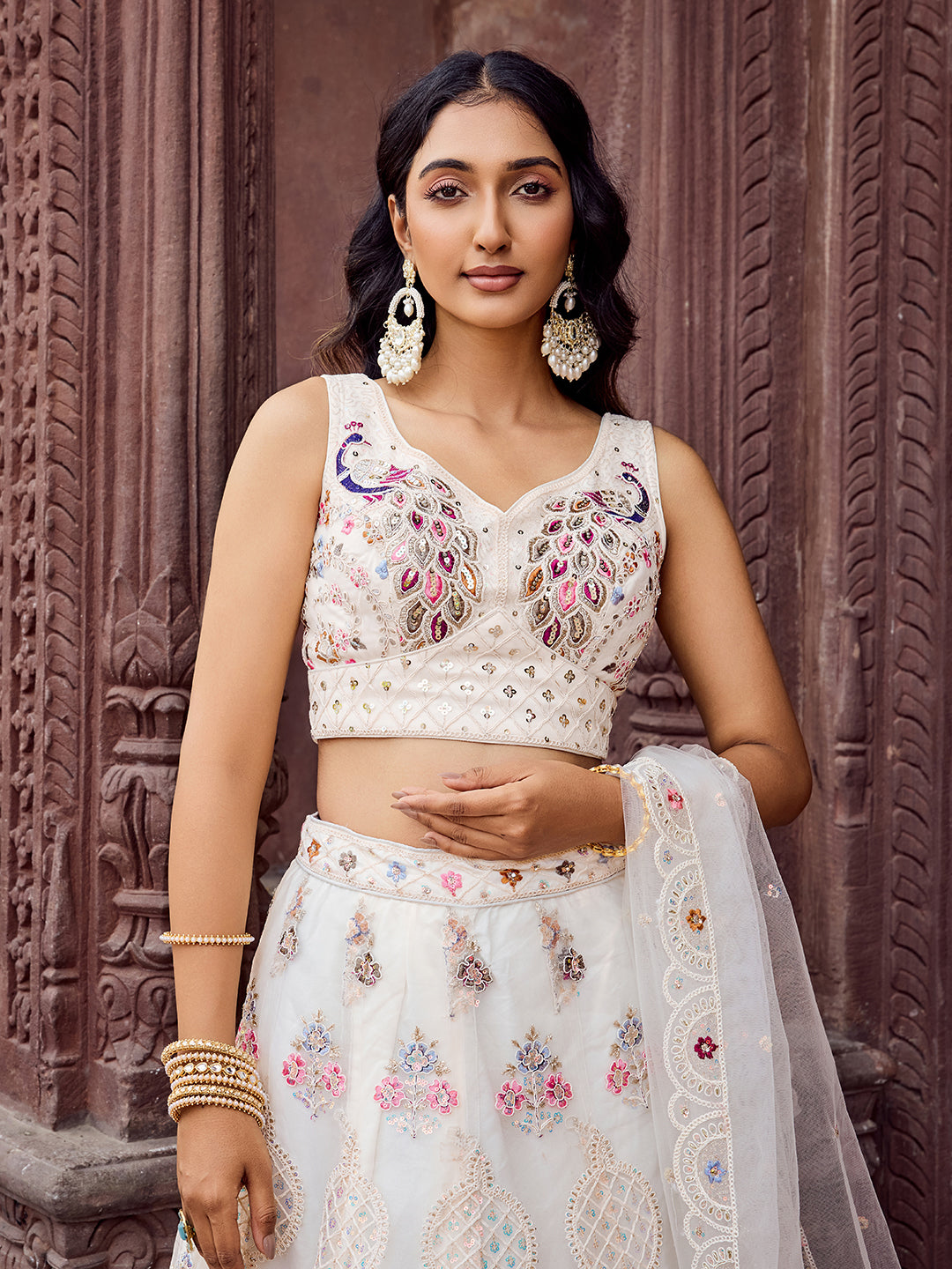 CREAM - Net Fabric Sequins embroidery Lehenga & Unstitched Blouse With Dupatta