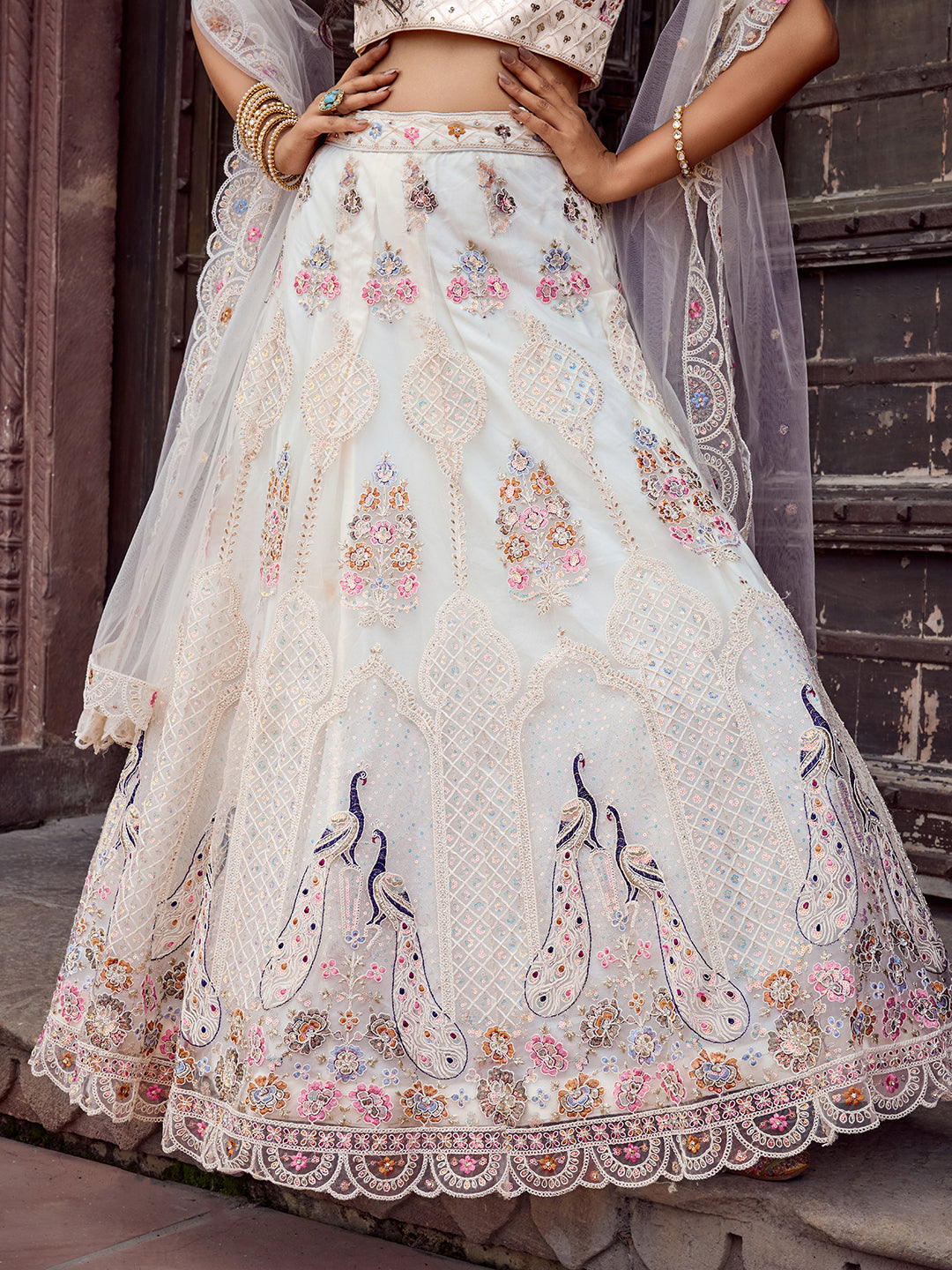 CREAM - Net Fabric Sequins embroidery Lehenga & Unstitched Blouse With Dupatta