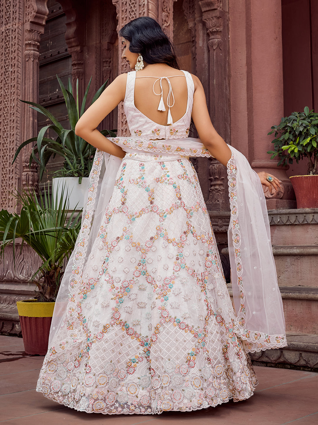 CREAM - Net Fabric Sequins embroidery Semi-Stitched Lehenga & Unstitched Blouse With Dupatta