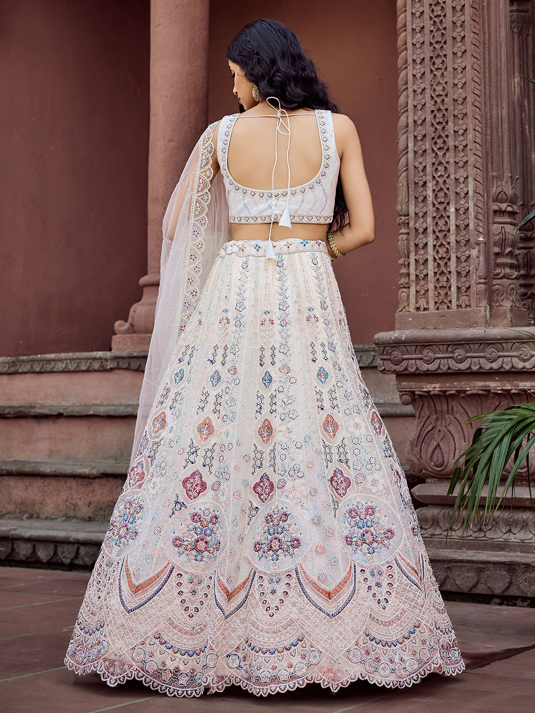 CREAM -Net Fabric Sequins embroidery Semi-Stitched Lehenga & Unstitched Blouse With Dupatta