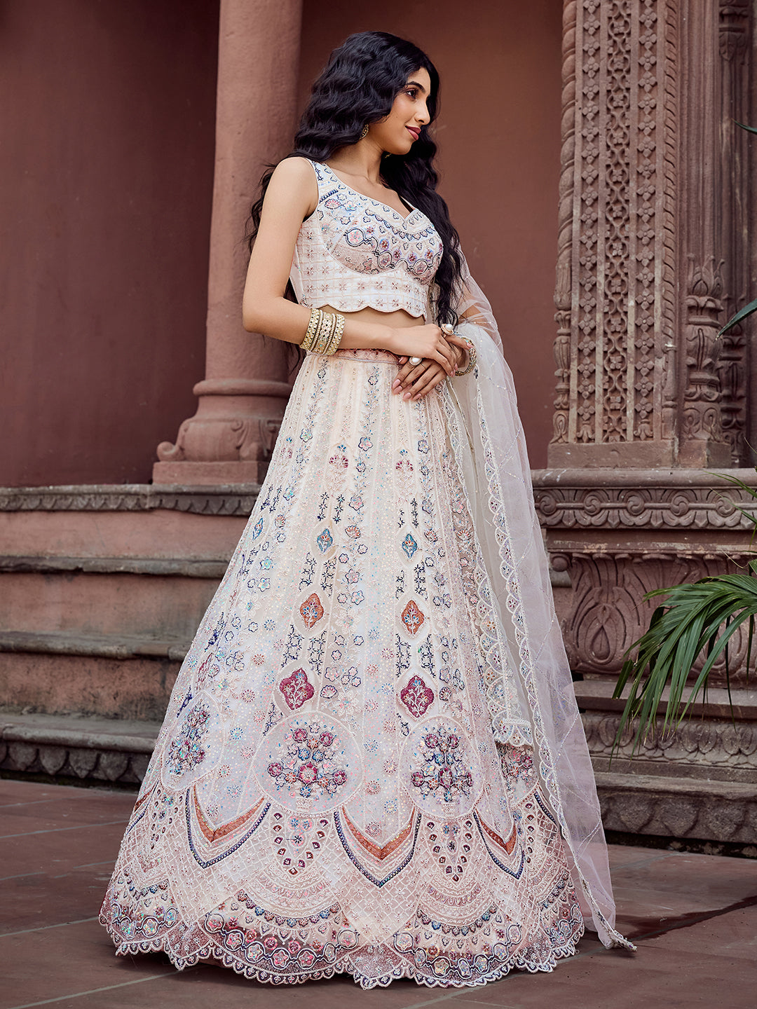 CREAM -Net Fabric Sequins embroidery Semi-Stitched Lehenga & Unstitched Blouse With Dupatta