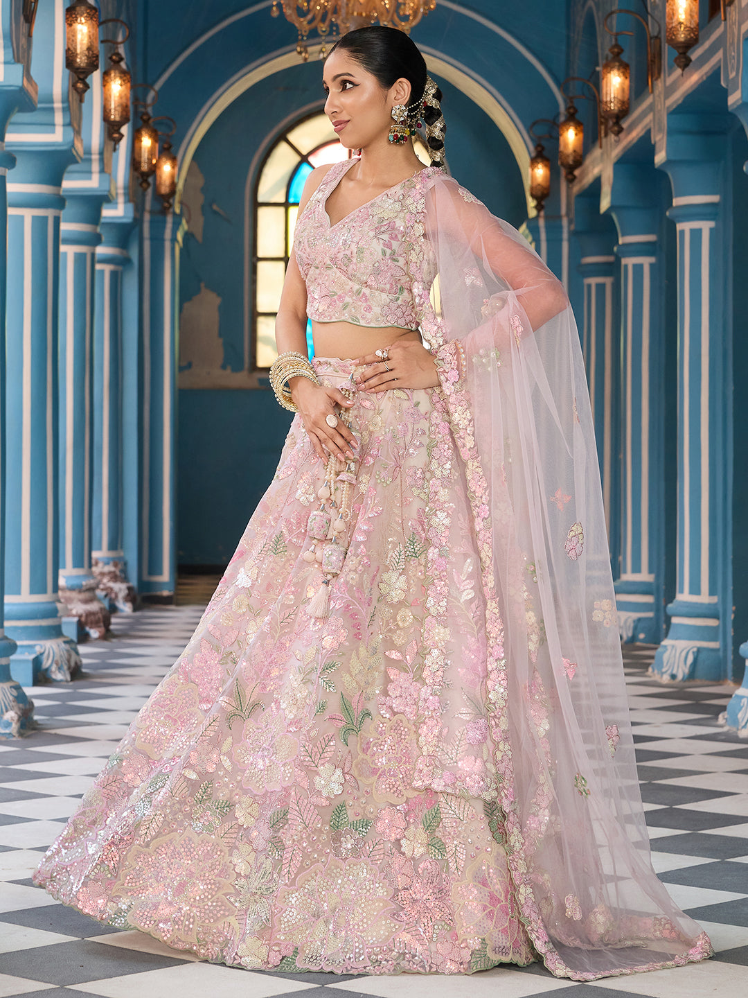 CREAM - Net Fabric Sequins embroidery Semi-Stitched Lehenga & Unstitched Blouse With Dupatta