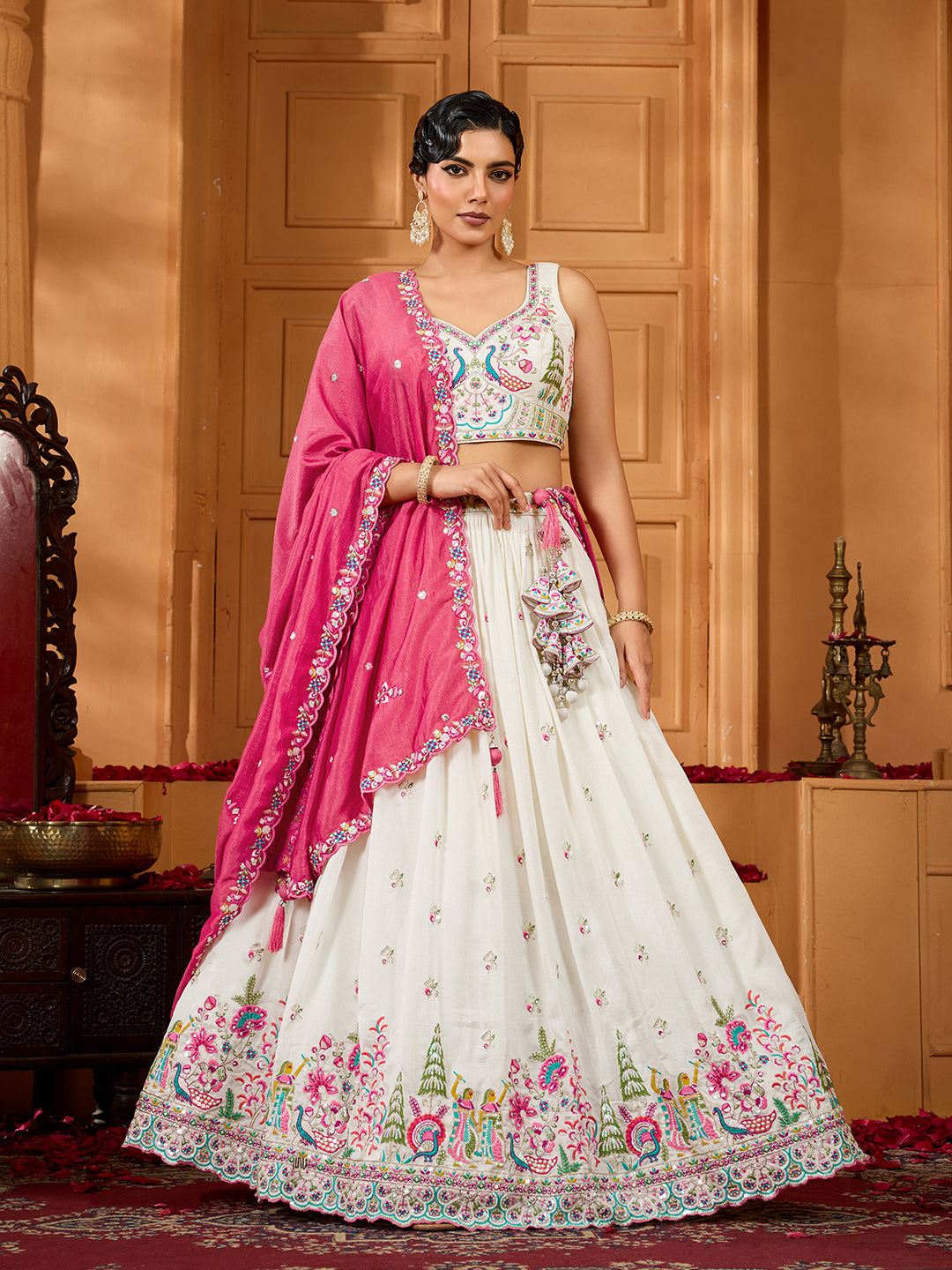 Cream- Silk Fabric Sequins embroidery Semi-Stitched Lehenga & Unstitched Blouse With Dupatta - qivii