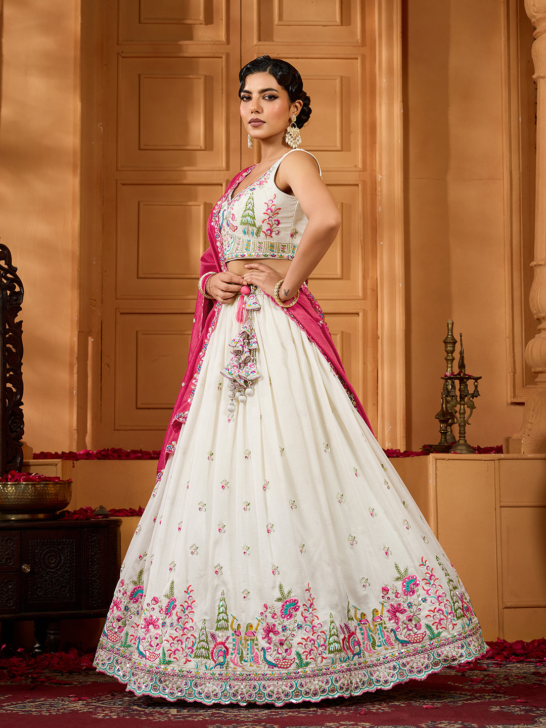 Cream- Silk Fabric Sequins embroidery Semi-Stitched Lehenga & Unstitched Blouse With Dupatta - qivii
