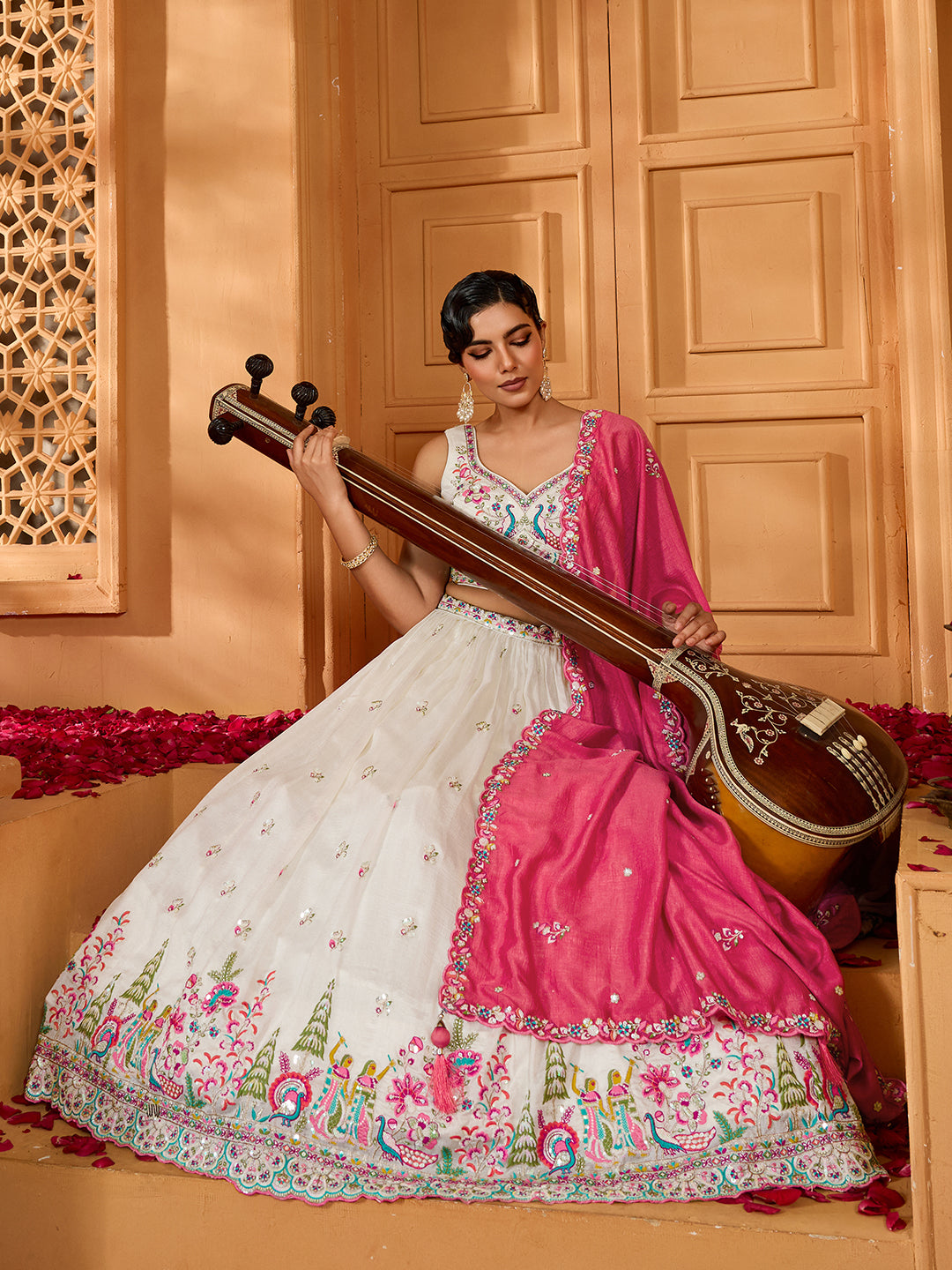 Cream- Silk Fabric Sequins embroidery Semi-Stitched Lehenga & Unstitched Blouse With Dupatta - qivii