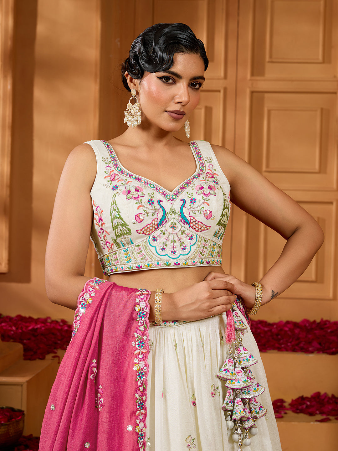 Cream- Silk Fabric Sequins embroidery Semi-Stitched Lehenga & Unstitched Blouse With Dupatta - qivii