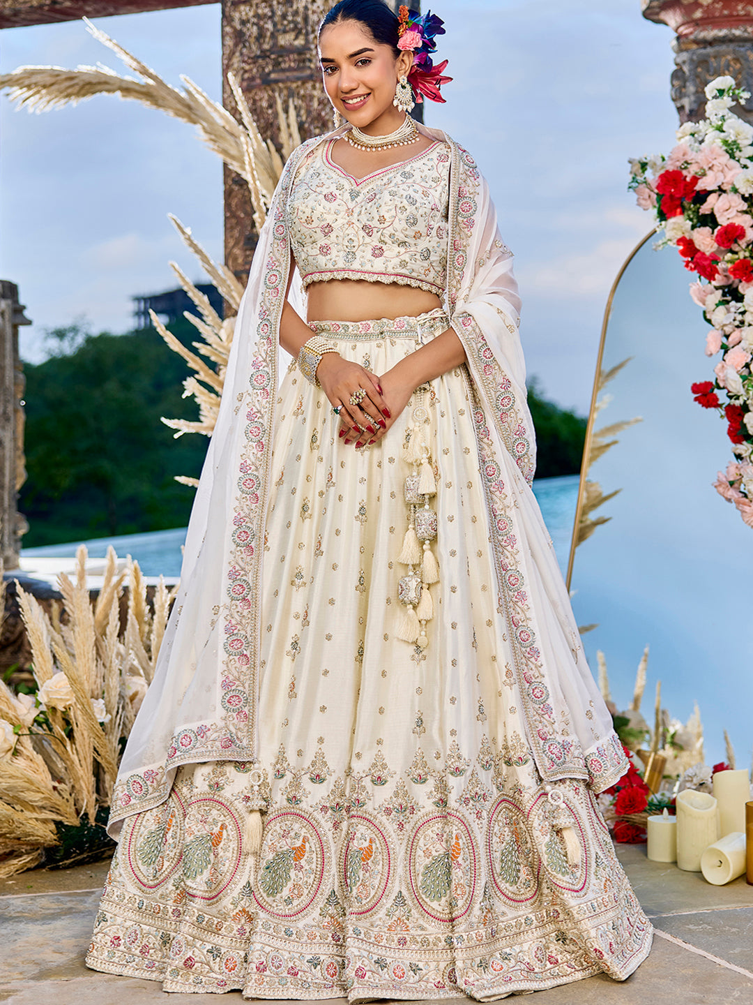 Cream - Silk Fabric Beads & Sequince Embroidered Ready to Wear Lehenga Choli & Dupatta