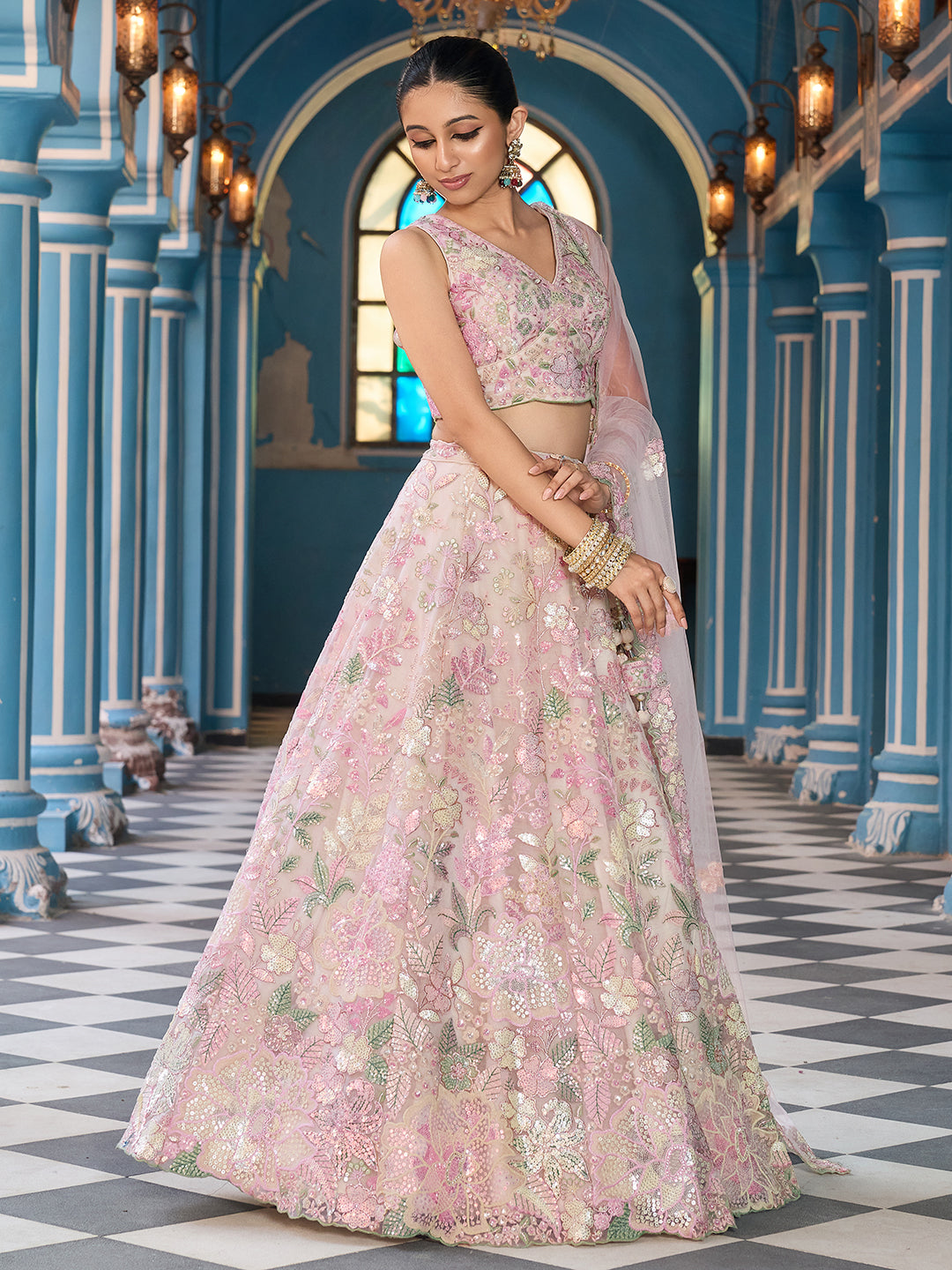 CREAM - Net Fabric Sequins embroidery Lehenga & Unstitched Blouse With Dupatta