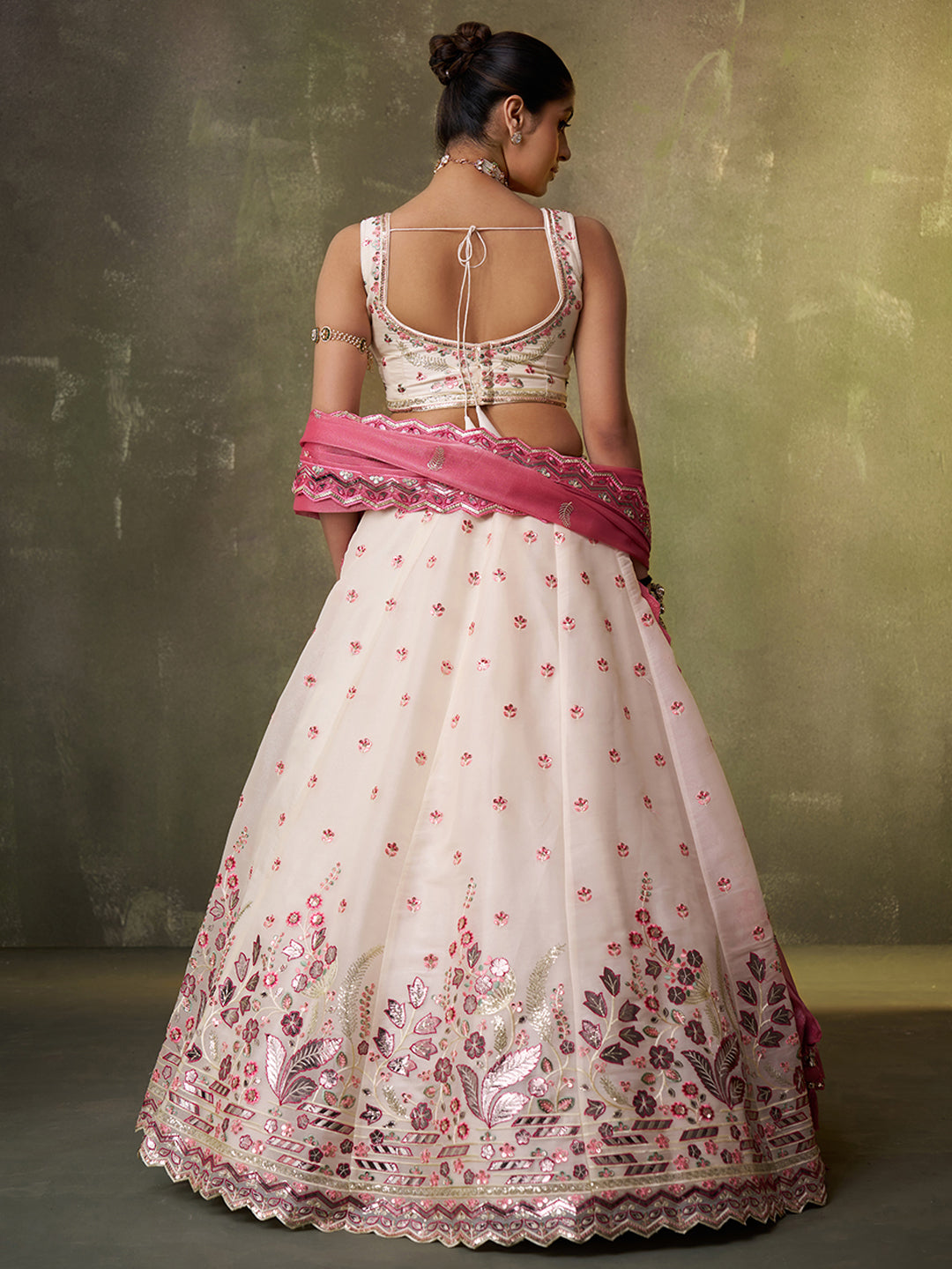 CREAM - Organza Fabric Sequins & Embroidery Lehenga & Unstitched Blouse With Dupatta