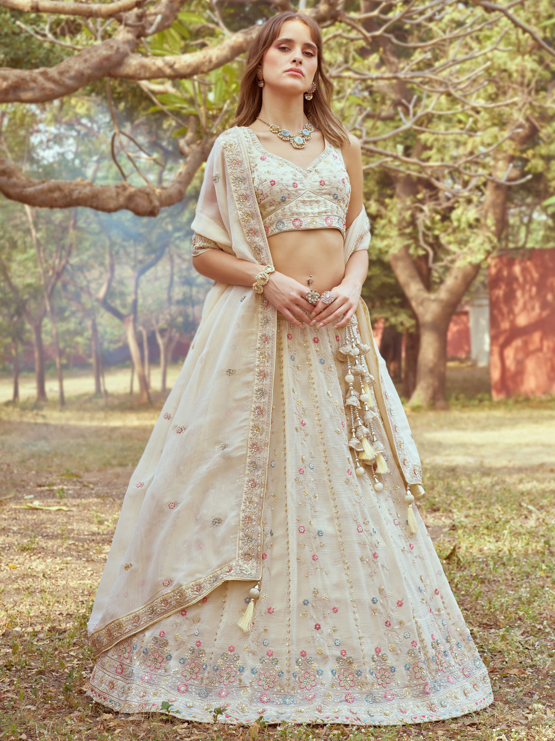 Tissue Fabric embroidery with beads and stones work Lehenga choli & Dupatta