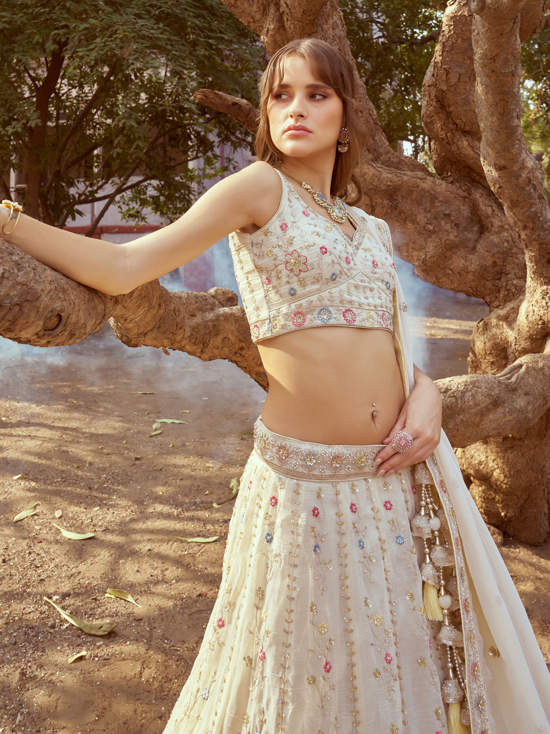 Tissue Fabric embroidery with beads and stones work Lehenga choli & Dupatta