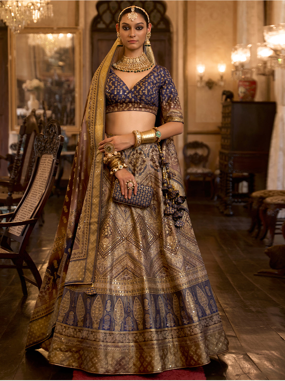 Blue-Golden Designer Silk Ready to Wear Lehenga Choli With Sparkle & Aari Mirror Work - qivii