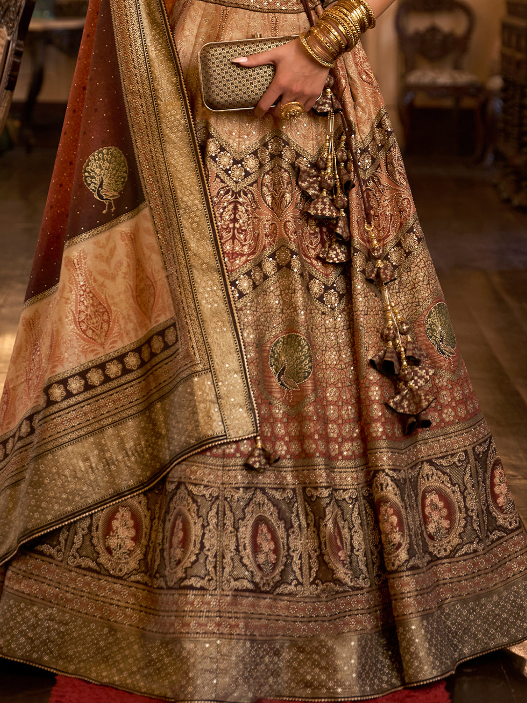 Brown-Golden Designer Silk Ready to Wear Lehenga Choli With Sparkle & Aari Mirror Work - qivii
