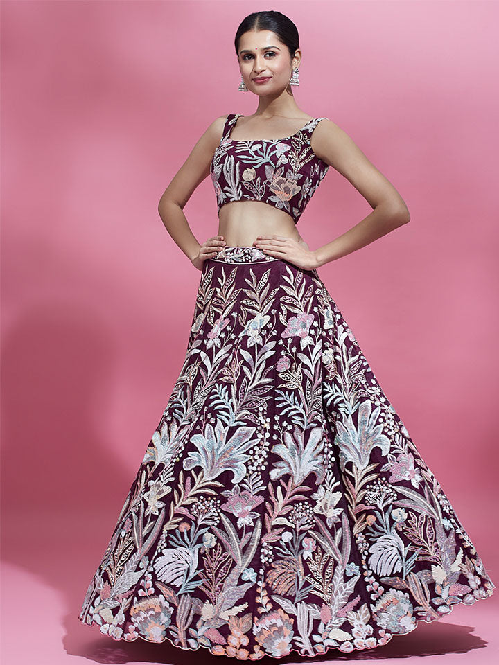 Burgundy - Net Multi-Sequins Work Semi-Stitched Lehenga - qivii