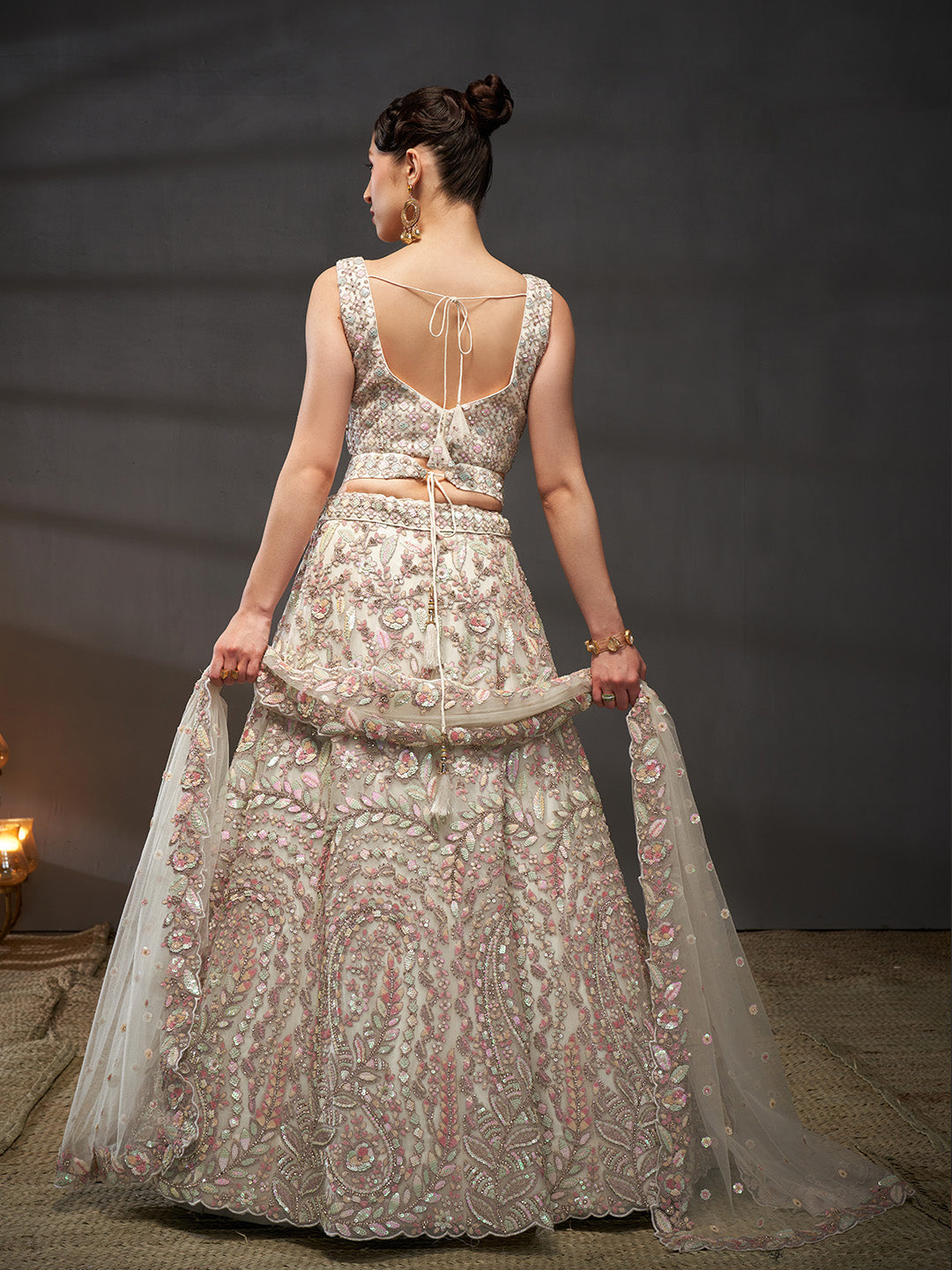 Cream - Multi Sequins Heavy Zarkan Net Embroidered Semi-Stitched Bridal Lehenga choli - qivii