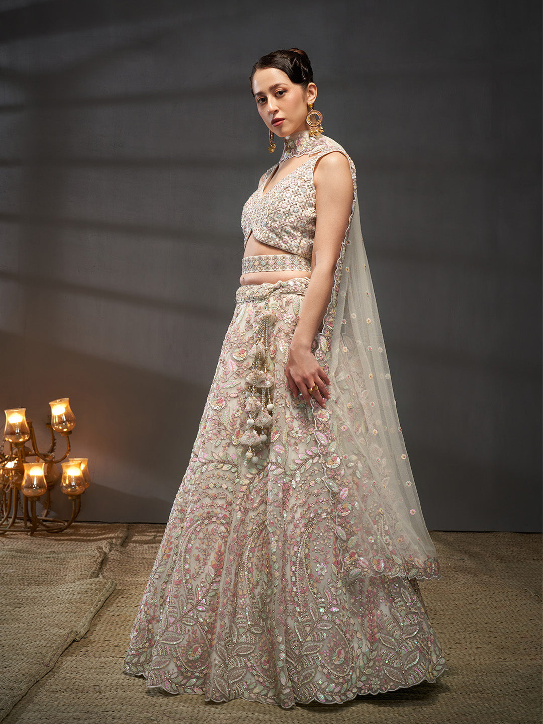 Cream - Multi Sequins Heavy Zarkan Net Embroidered Semi-Stitched Bridal Lehenga choli - qivii