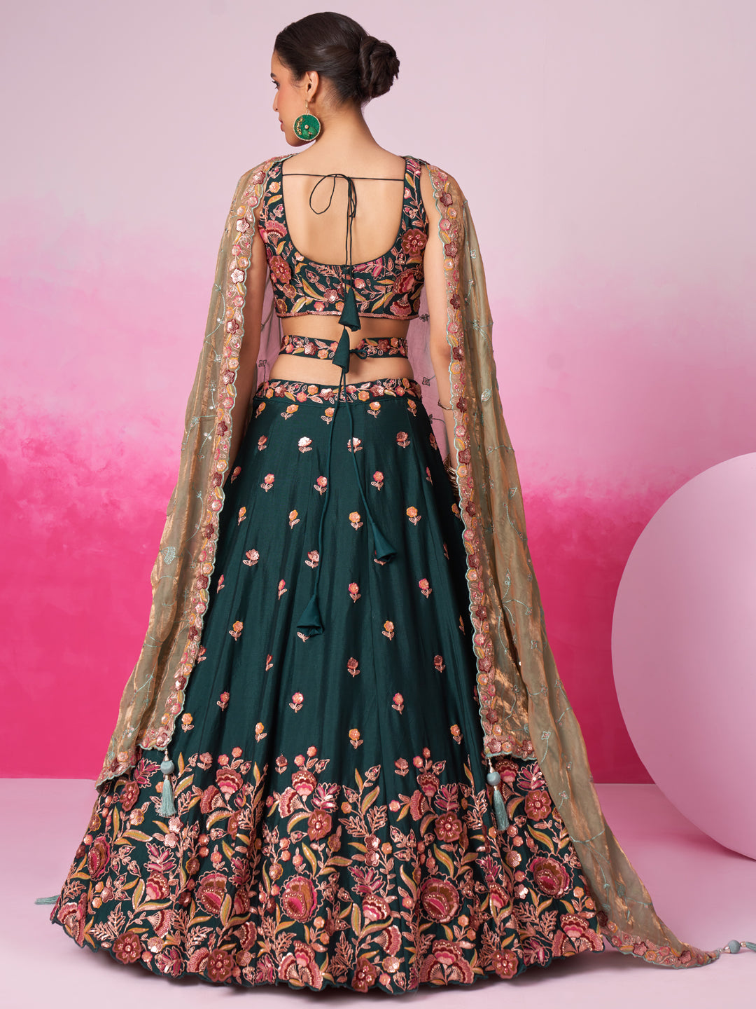 Green - Golden Dull-Bright Sequin,Threaded,Zarkan Embroidered Organza Semi-Stitched Lehenga choli - qivii