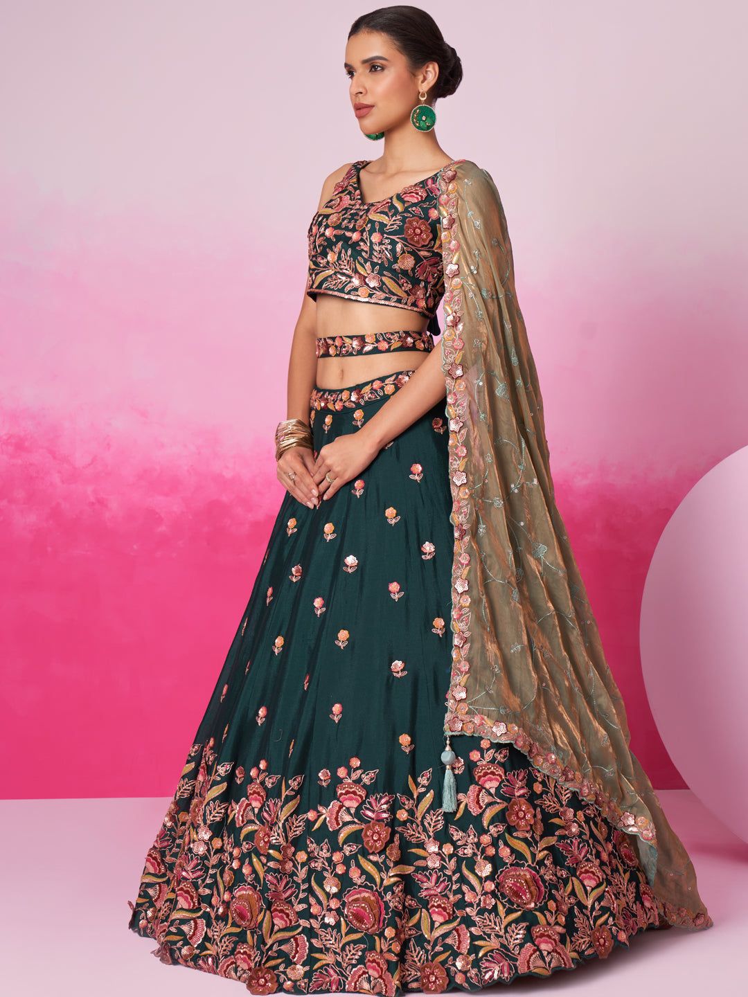 Green - Golden Dull-Bright Sequin,Threaded,Zarkan Embroidered Organza Semi-Stitched Lehenga choli - qivii