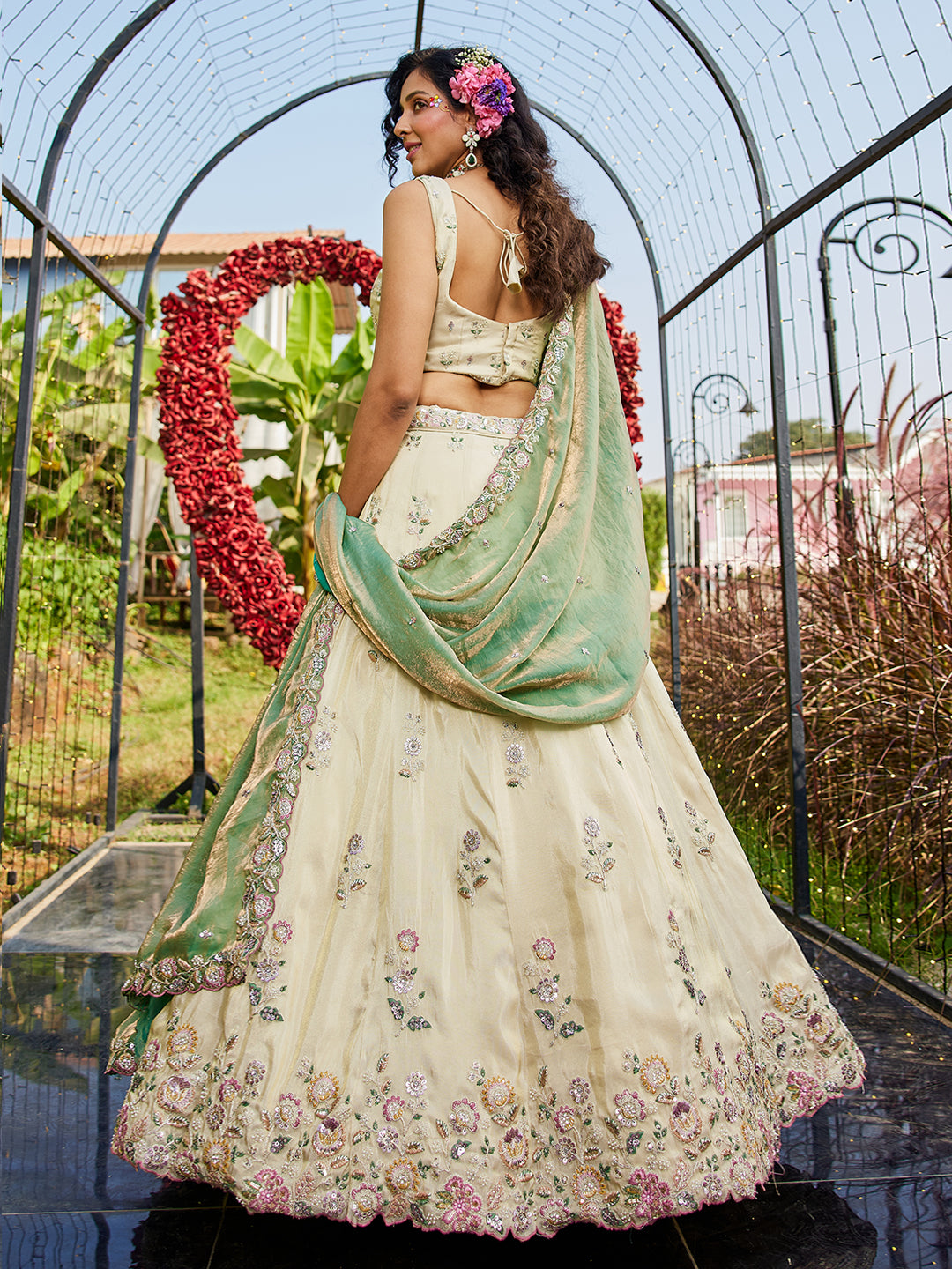 GREEN - Tissue Fabric with Sequinse & Thread embroidery Semi-Stitched Lehenga choli & Dupatta - qivii