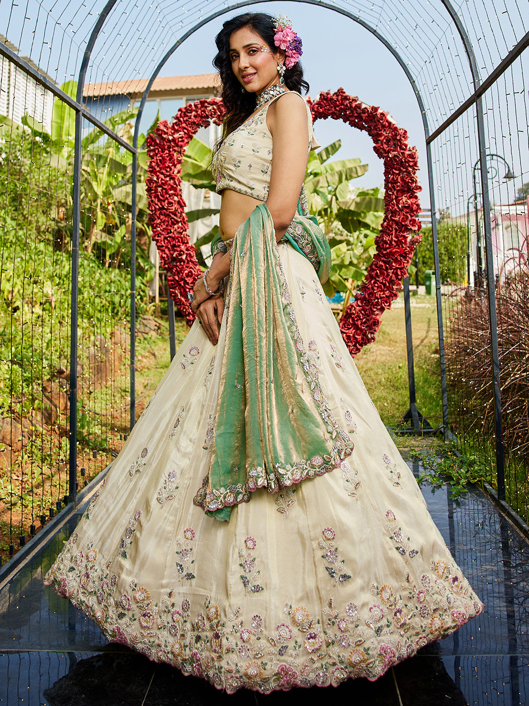 GREEN - Tissue Fabric with Sequinse & Thread embroidery Semi-Stitched Lehenga choli & Dupatta - qivii
