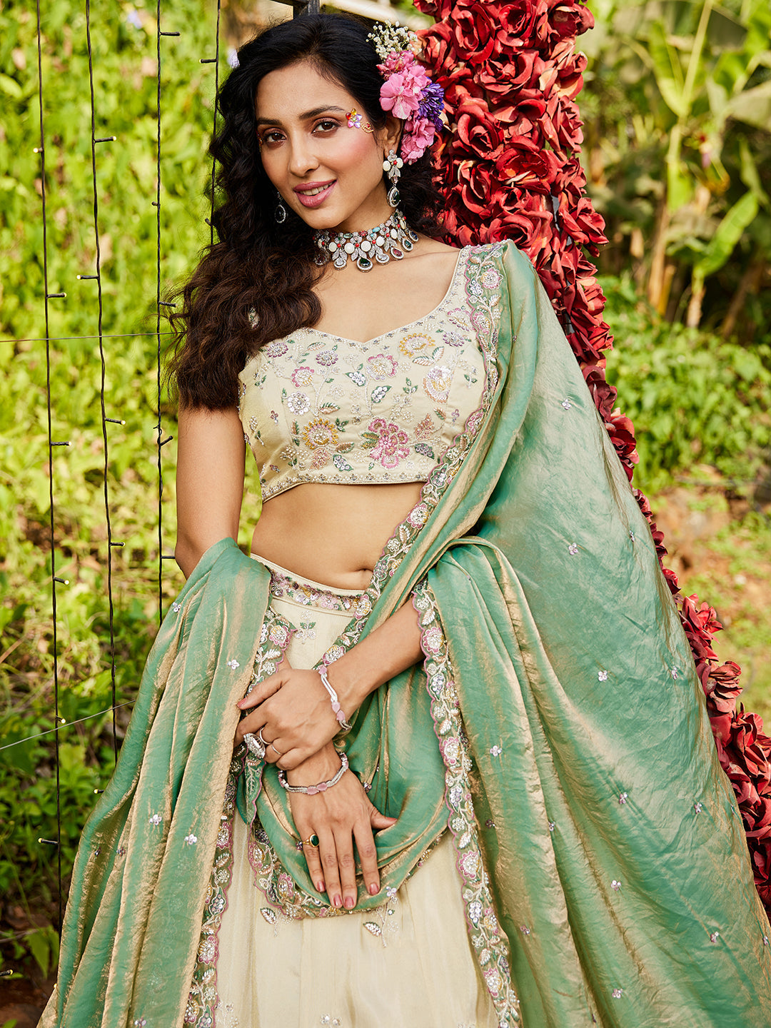 GREEN - Tissue Fabric with Sequinse & Thread embroidery Semi-Stitched Lehenga choli & Dupatta - qivii